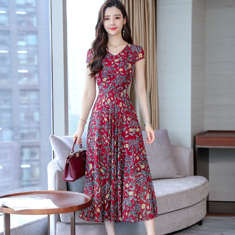 

Women Floral Long Dress Sexy V-neck Short-sleeve Dress Womens Summer Dress