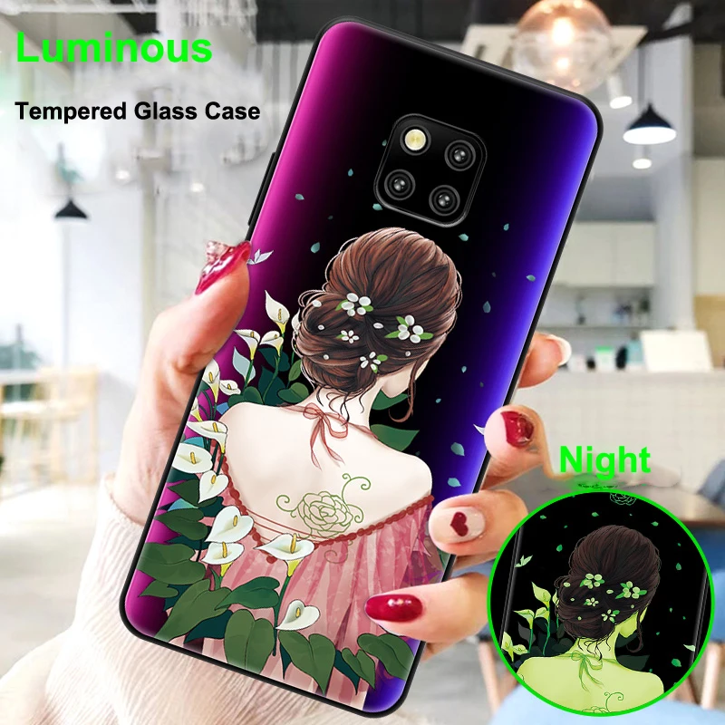 

Luminous Tempered Glass Case for Huawei Mate 20 Pro X Case Cute Girl Pattern Anti-knock Cover for Huawei Mate 20Pro 20X Caphina