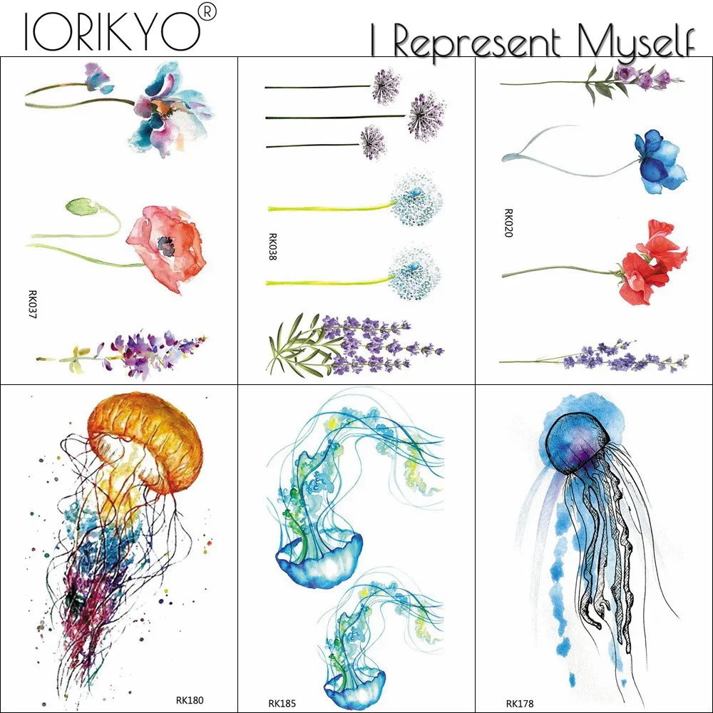 

Colorful Flower SweatPeas Temporary Tattoo Stickers Women Body Art 3D Jellyfish Fake Sexy Tattoo Lavender Arm Dandelion Tatoos