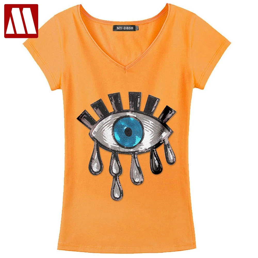 

2019 Fashion Short Sleeve Eyes Embroidery Sequins T-shirt Women Cotton T Shirts Plus Size White Black T Shirts Woman Tear Tees