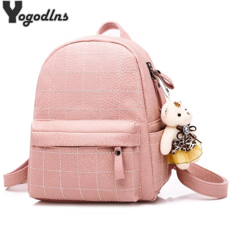 

Trendy Women Plaid Backpacks Teen Girls Shoulder Bag Backpack with bear pendant Daypack High Quality PU leather Hand Bags