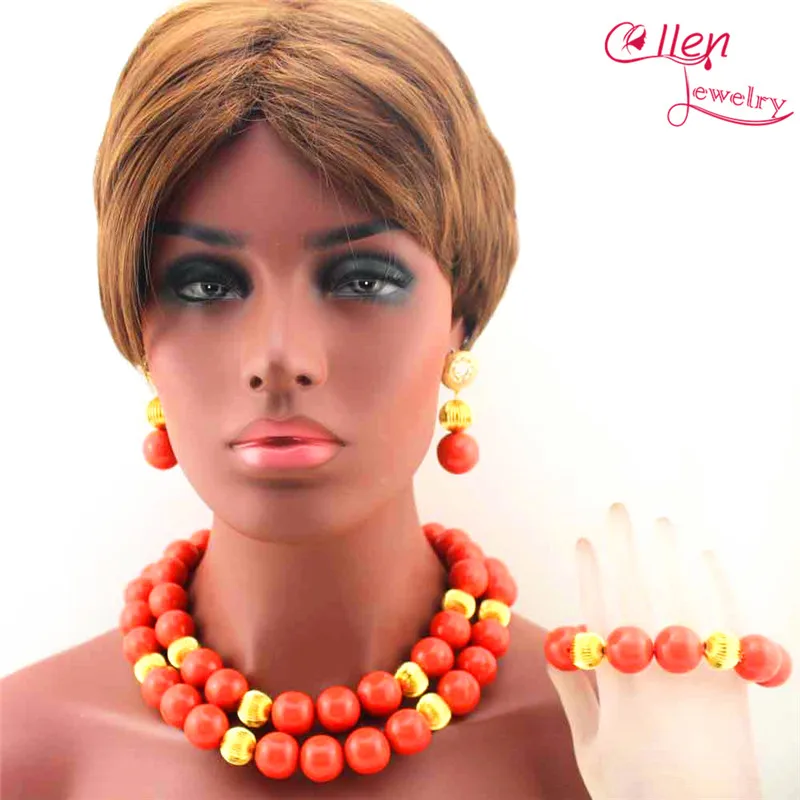 

Fashion Orange Big Round Bead Nigerian Wedding Coral Beads Jewelry Set African Coral beads Jewelry Set Costume jewelry E1094