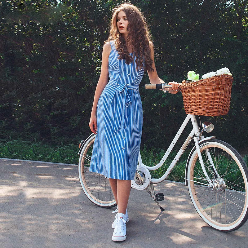 

Blue Striped Bow Bandage Dress 2019 Summer Sexy Sleeveless Strap Shirt Dress Single-Breasted Elegant Women Party Dress Vestidos