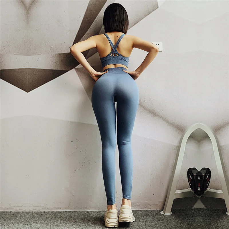 

2 Piece Sport Suit Women Strappy Fitness Top Bra And Compression Gym Leggings Workout Clothes For Women Carve Seamless Yoga Sets