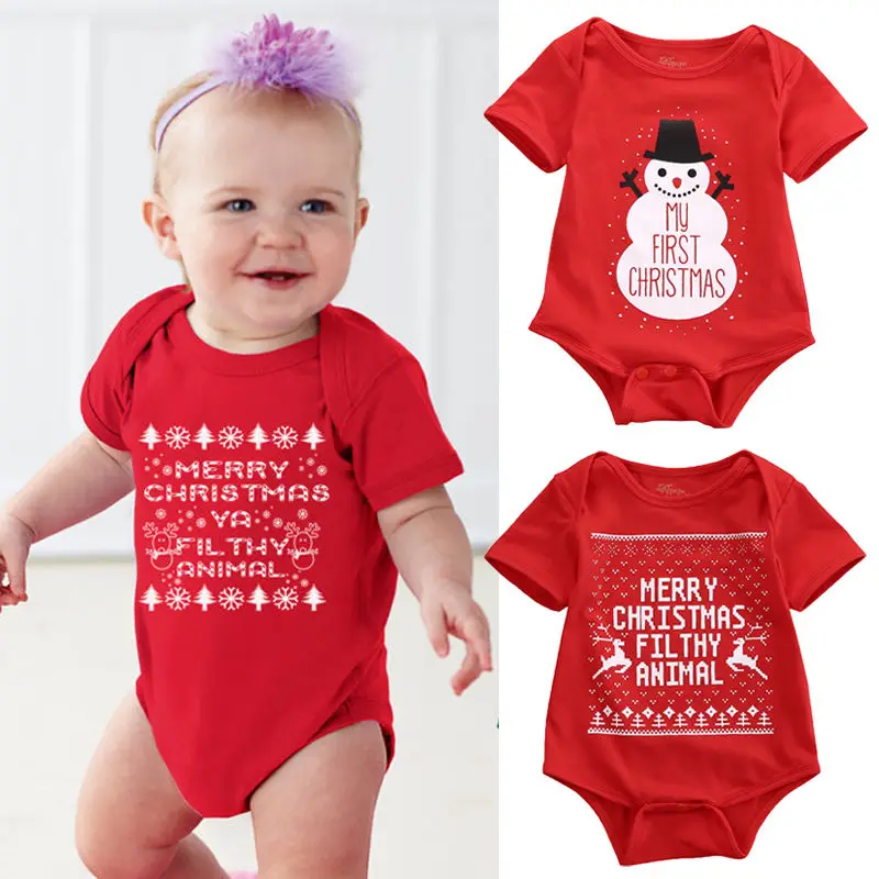 Newborn Infant Baby Boys Girls Christmas Cotton Short Sleeve Bodysuit