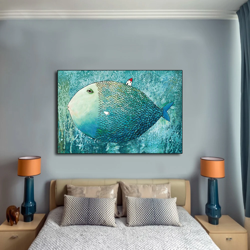 QKART плакат и печать маленький дом на большой рыбе картина для дома декоративная Картина на холсте принты для гостиной без рамки
