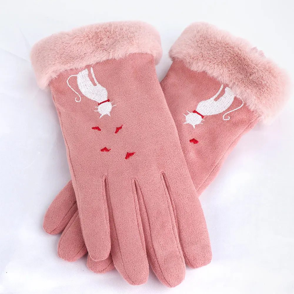 1 пара Модные женские перчатки осень зима кошка сердце вышивка теплый полный палец вождения рукавицы женские перчатки