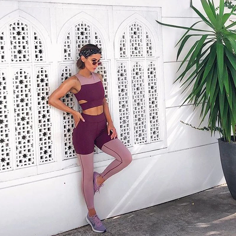 

2018 Red Women Two Pieces Suit Women Patchwork Sporting Tops Fitness Elastic Slim Pants Leggings Tracksuit 2 Pieces Set