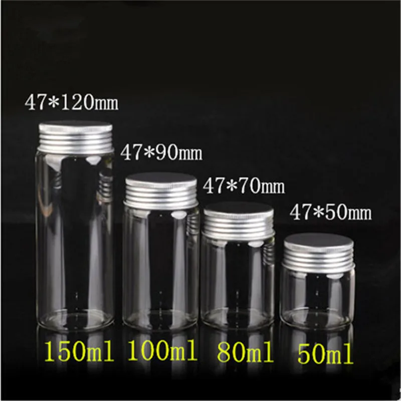 

50ml 80ml 100ml 150ml Glass Bottles Jewelry Packaging Glass Bottles Aluminium Cap Empty Food Bottles Clear Jars Containers 12pcs