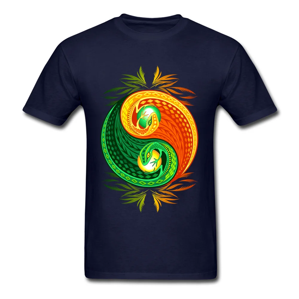 Company Leisure Printed T-shirts O Neck Cotton Fabric Male Tops Shirts Short Sleeve Father Day Printed Sweatshirts YinYang Gecko Lizard Opposite Colors Sign navy