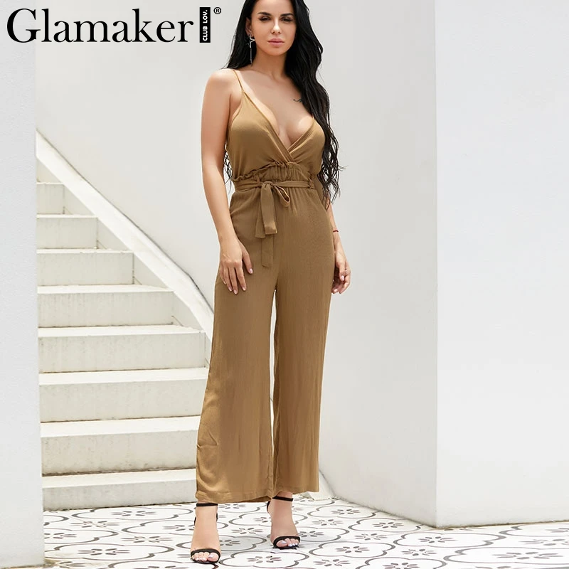 

Glamaker Deep V linen sexy jumpsuit long Wide leg overalls for women jumpsuit romper Sleeveless beach summer jumpsuit female2019