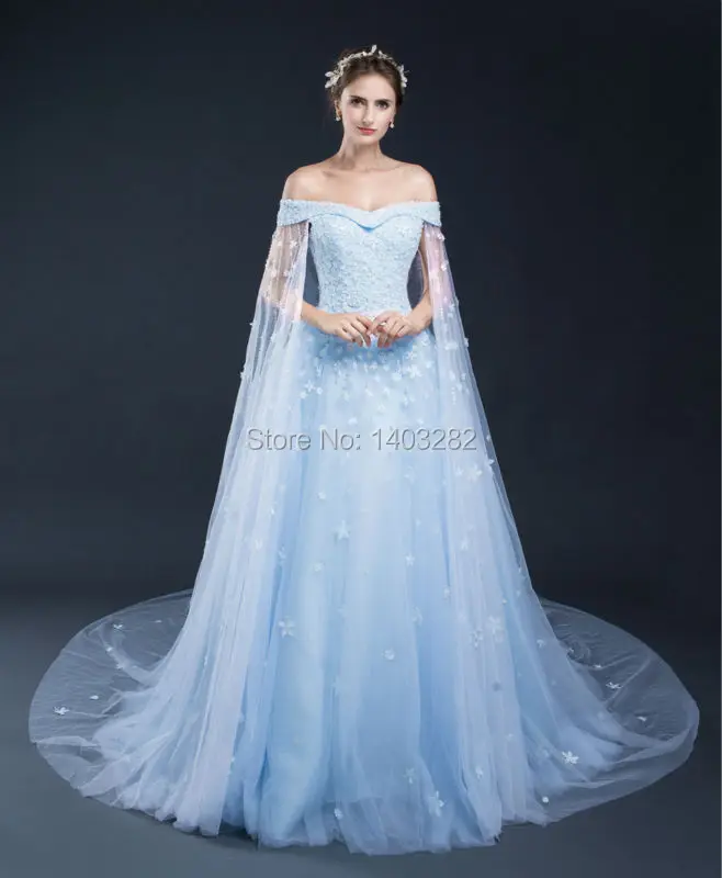 In Stock Light Blue Beach Wedding Dresses With Cape Long Train