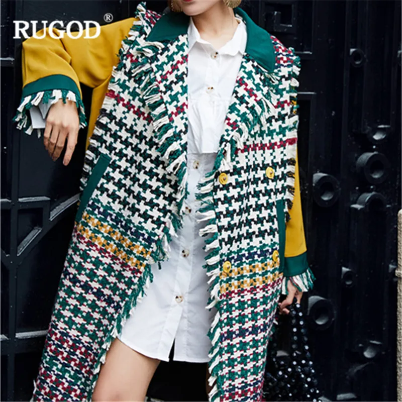 RUGOD Fashion X-Long Women Coat Patchwork England Style Wool Coat with Adjustable Waist Warm Winter Clothes manteau femme hiver