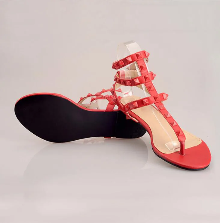 Women Rainbow Stud Rivet T-Strap Gladiator Flat Sandals Flat Heel Shoes Zsell 