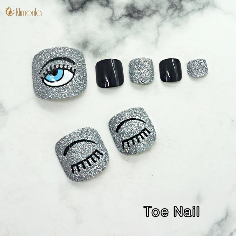 

24pc Short Round Nail Art Tips UV Gel Gray Eyes Design False Nails Full Cover Shining Fake Toenails With Glue DIY Manicure Tools