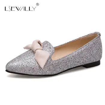 

Lsewilly Spring Autumn 2018 Hot Sales Pointed Toe Bowtie Flats Sequins Ladies Shoes Fashion Trend Gold Silver Women's Shoes S347