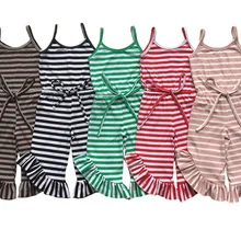 Популярный комбинезон для девочек, комбинезон для девочек полосками Спагетти ремень на завязках со сборками, расширенные PALAZZO комбинезон