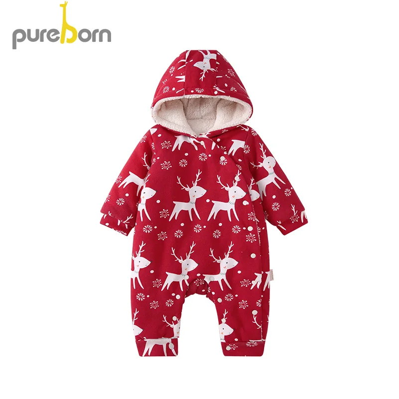 Pureborn/Одежда для новорожденных девочек; Рождественский комбинезон; комбинезон для маленьких мальчиков с рисунком оленя; флисовая подкладка; детская зимняя одежда; костюм - Цвет: red