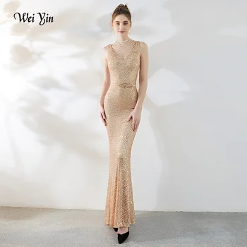 

wei yin Gold Sparkle Gorgeous Long Evening Dresses O-Neck Mermaid Sexy Sequined Elegant Evening Gowns Robe De Soiree WY1804
