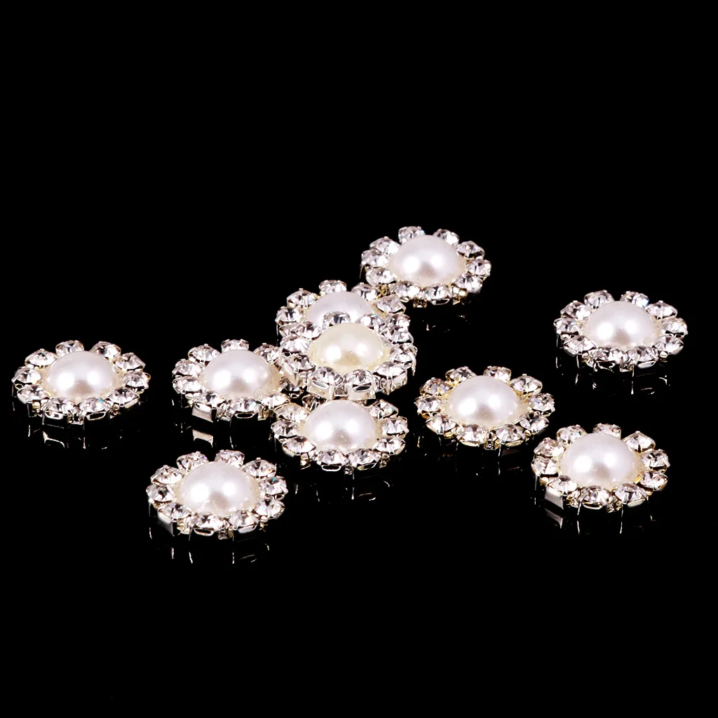 10x Diamante Flower Crystal Pearl Flatback Buttons Sewing Embellishment 13mm
