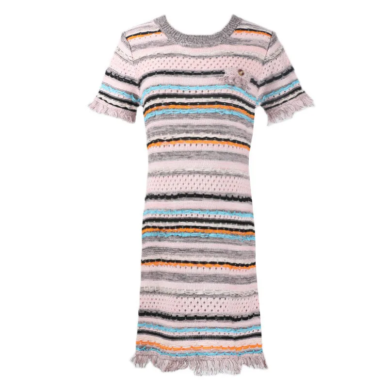 

Casal Loose Knitted Dress Women Hit Color Striped Tassel Hollow Out O-neck Short Sleeve Short Mini Dress 2019 Summer Dress Robes