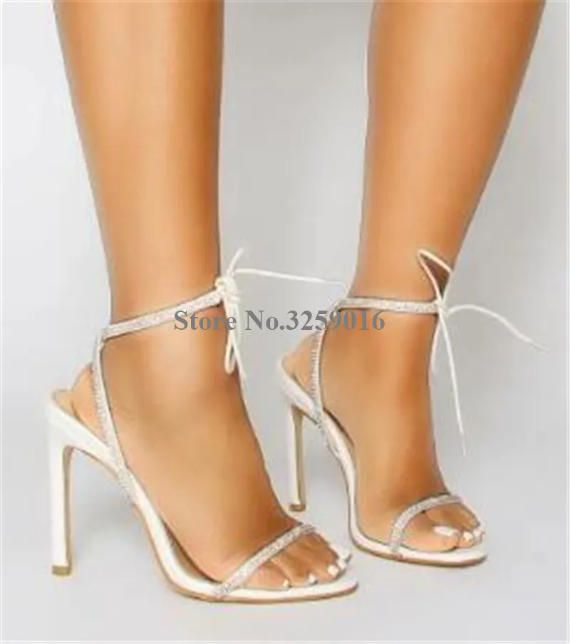 

Women New Fashion Open Toe Rhinestone Straps Stiletto Heel Sandals Gold White Crystal Lace-up High Heel Sandals Wedding Heels