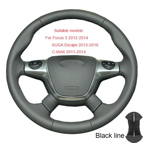 Крышка рулевого колеса для Ford Focus 2 2005-2011(3-спицевый) Focus 3 2012- KUGA Escape 2013-/на заказ оплетка рулевого колеса - Название цвета: Black thread