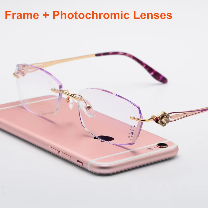 Purple Photochromic Женские дизайнерские очки без оправы для чтения при миопии используют MR-8 очки со стразами с тонированными красочными линзами 1002 - Цвет оправы: Purple Photochromic
