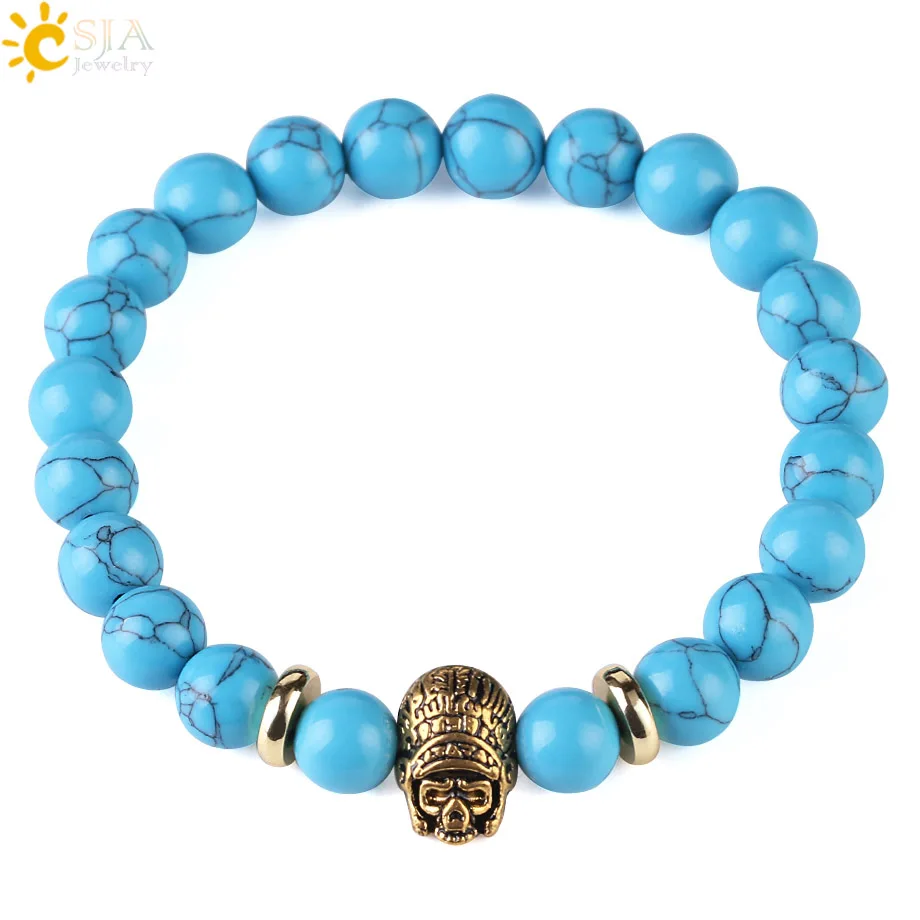 

CSJA Blue Turquoises Howlite Stone Bracelet Homme Femme Handmade Strand Bracelets 8mm Yoga Bead Animal Lion Monkey Fittings F444