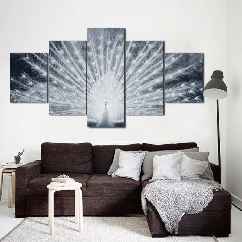 5 Panel White Peacock Canvas Wall Art Print Painting Beautiful Animal Artwork Home Decor Picture for Office Hotel Unframed | Дом и сад