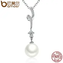 Bamoer 100% 925 concha perla de plata de la cadena de ondas colgante largo collares joyería de la boda collar de accesorios scn048