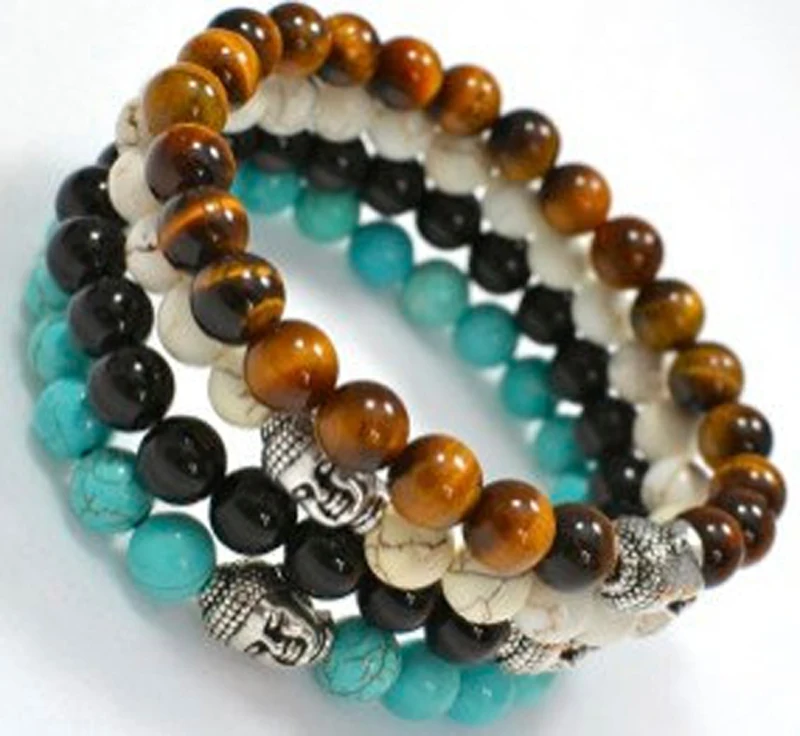 SN0044 Hottest 8mm oeil de Tigre blanc Bleu Turquoise pierre Noire Hommes Bouddha Bracelet Pierre Naturelle