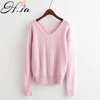 

HSA European Style Women Pullover and Sweaters 2018 Bandage Sweater Jumpers Backless Knitwear Twisted Sweater sueter mujer