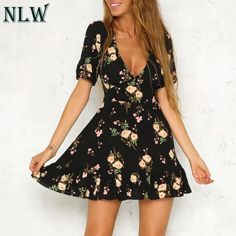 

NLW Boho Chic Short Dress Red Black Floral Print V Ruffle Peplum Hem Summer Dress Women Girl Casual Picnic Dress Femme Vestidos
