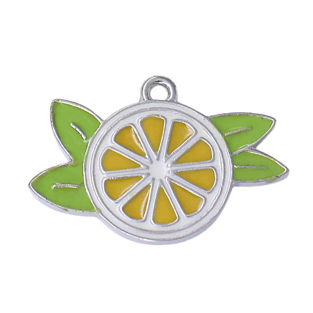 Delicate Enamel Orange & Lemon Slice Metallic Pendant For Fruit Jewelry