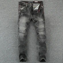 Итальянский Стиль модные мужские джинсы Черный, серый цвет Slim Fit Длинные Джинсовые брюки hombre Винтаж дизайнер Рваные джинсы мужской классический джинсы