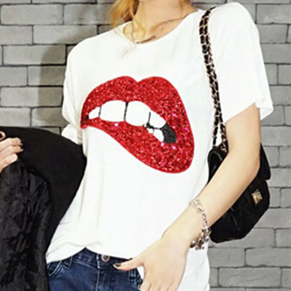 Женские хлопковые футболки с коротким рукавом и принтом в виде губ M XL|top t shirt|sequin