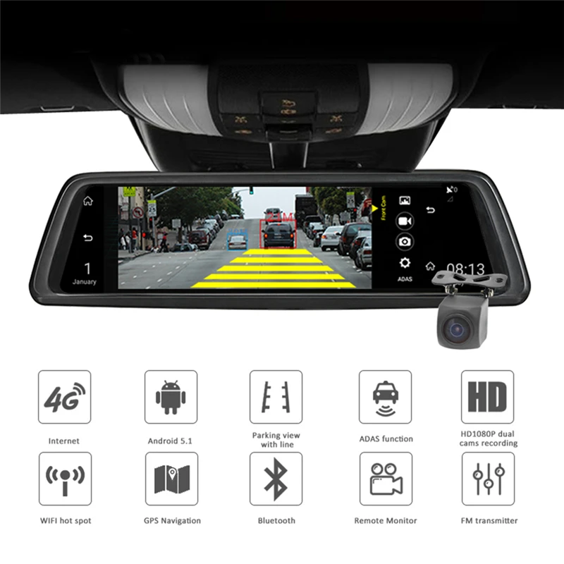 

10" Touch Screen Car DVR Dual Lens FHD Android Digital Video Recorder Dash Cam GPS Auto WIFI Bluetooth Rearview Mirror Camera