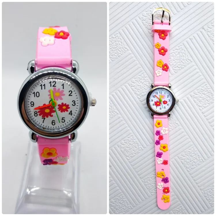Часы с цветочным рисунком для девочек, подарок для детей, детские часы, платье, браслет, застежка, водонепроницаемые кварцевые наручные часы, рождественский подарок - Цвет: Розовый