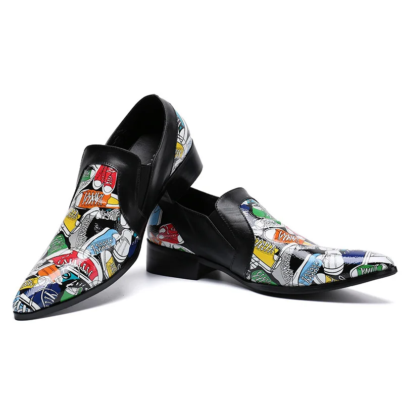 

Autumn and Winter Men's Black Printed Patent Leather Pointed Leather Shoes Nightclub Casual Wedding Shoes