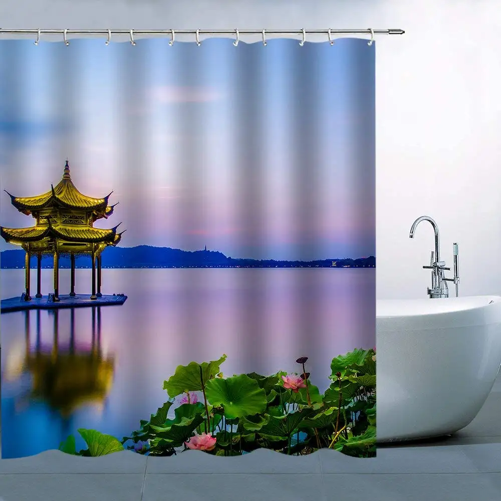 Personality Lake Scene Theme Shower Curtain Blue Pink Sky Hill Lakeside