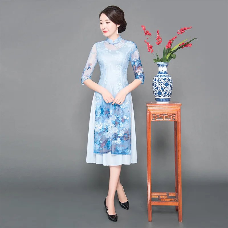 

Mr Black cheongsam Chinese wind lace improved qipao dress collar high split gown restoring ancient ways