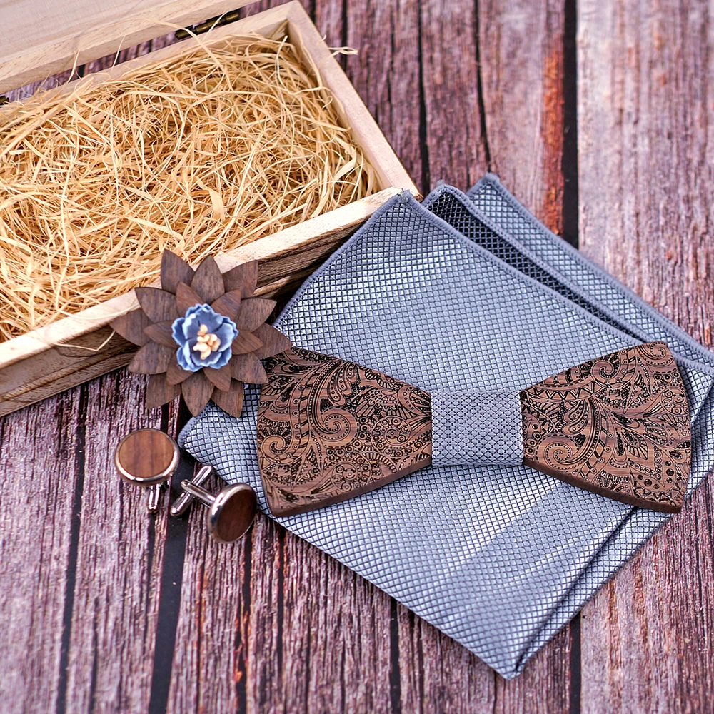 Официальный классический серый галстук для мужчин, Свадебный деревянный галстук-бабочка, подарочный набор носовой запонки для мужчин, дизайнерские модные шелковые галстуки