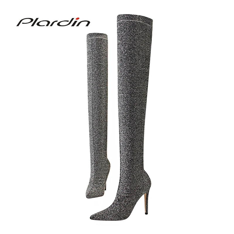

Plardin Winter Concise Fashion women's Pumps Bling Wool Fabric Material Thin Heel Woman Shoes Over The Knee Boots Woman Boots