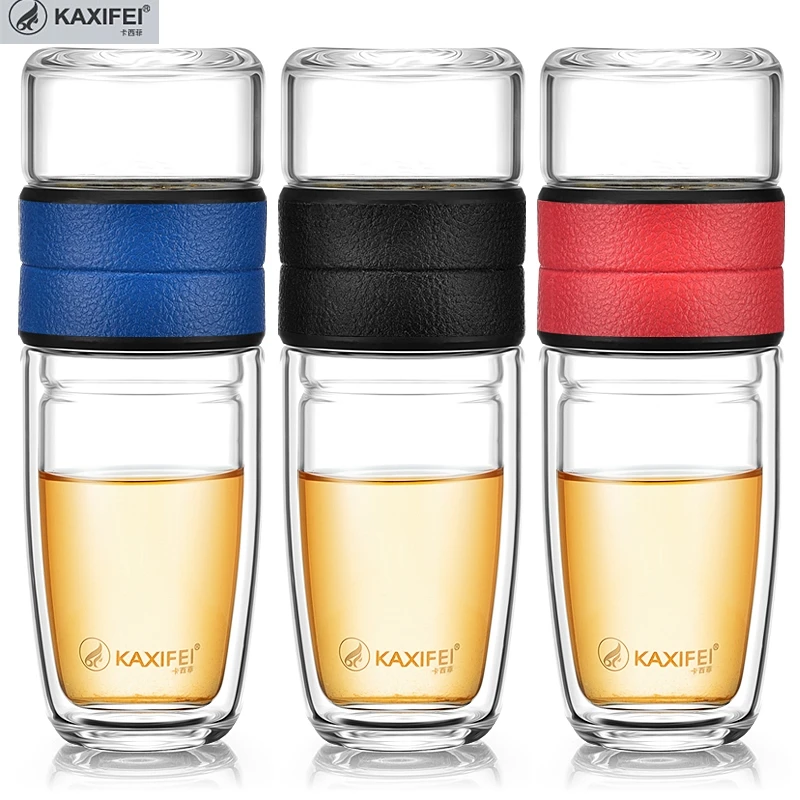 

KAXIFEI 500ML Glass Water Bottle 304Stainless Steel+Glass For Women Elegant Brief Double Wall Leakproof Bottle With Tea Filter