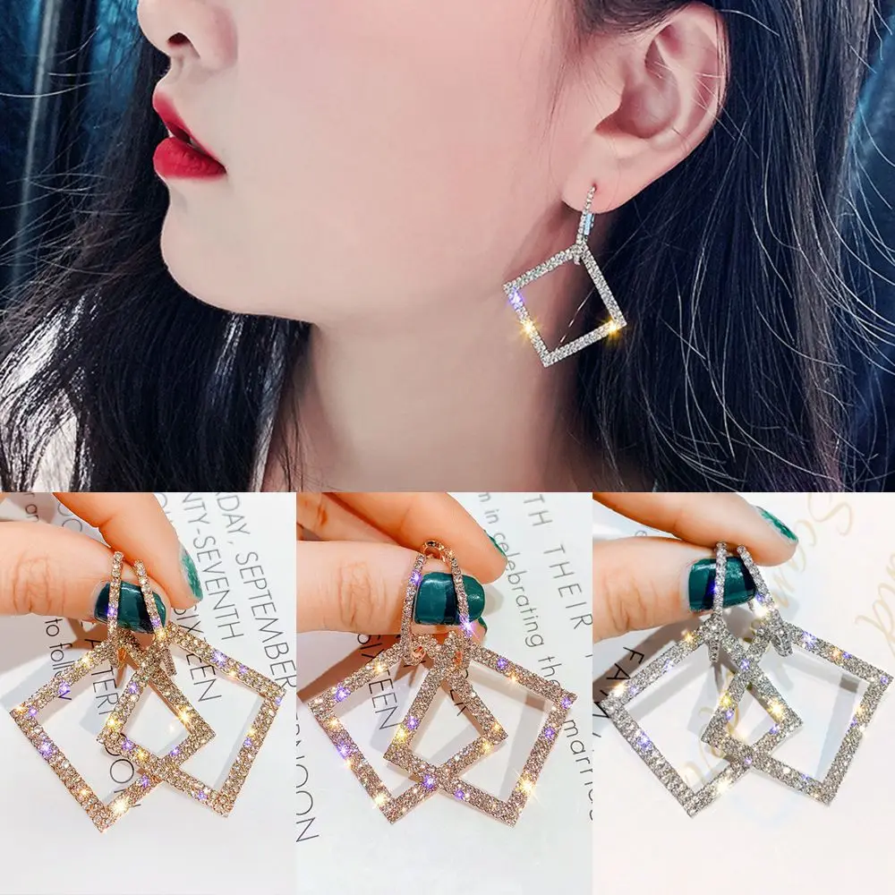 

Shining Rhinestone Geometric Drop Earrings Women Girls Gold Square Statement Hanging Dangle Earring Party Jewelry Gifts