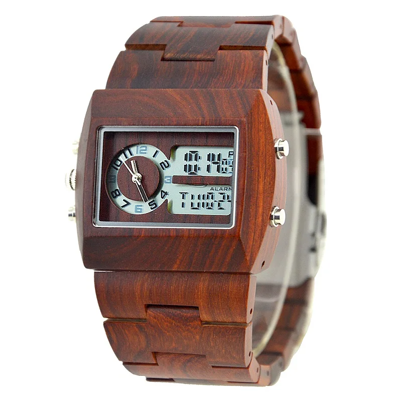 Мужские кварцевые часы BEWELL с фирменным дизайном ручной работы, деревянные часы класса люкс, Цифровые мужские деревянные часы 021A - Цвет: Red