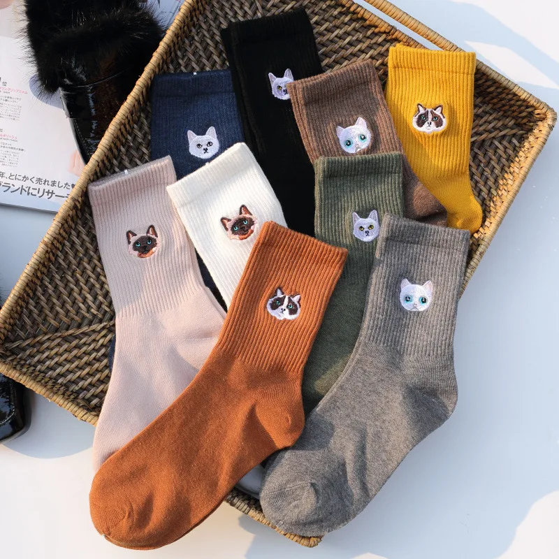Женские носки из чистого хлопка в стиле Харадзюку с изображением кота и собаки; забавные носки с ручной вышивкой в виде животных; сезон осень-зима