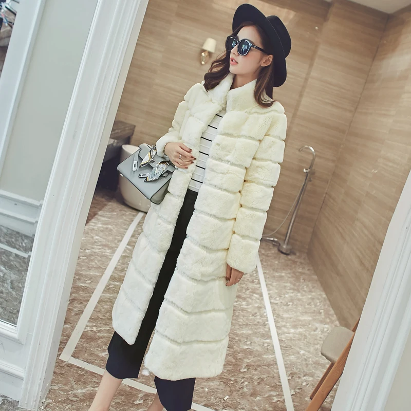 

New genuine natural real whole skin Rex rabbit fur coat women long fashion jacket ladies warm winter outwear overcoat
