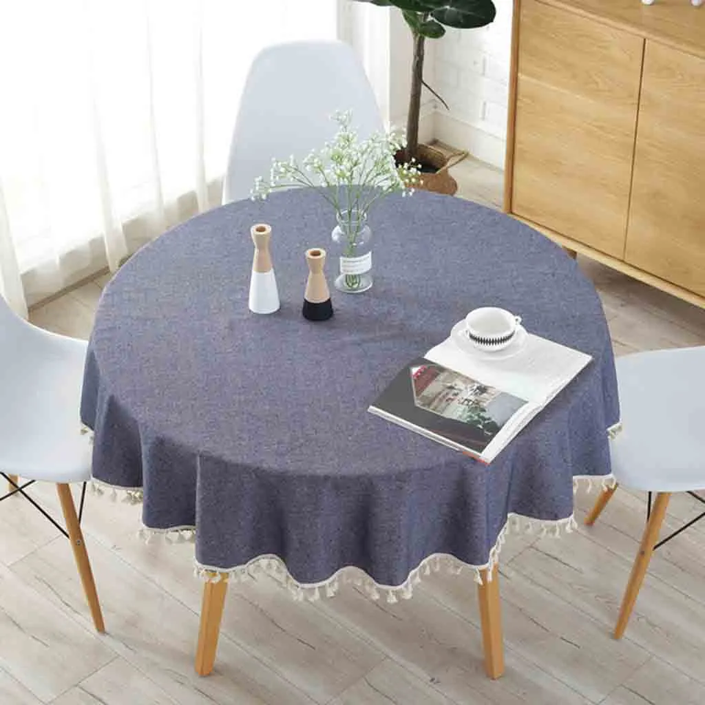  Japanese Simple Style Cotton Linen Round Solid Tablecloth With Tassel Dust Proof Table Cover for Ki